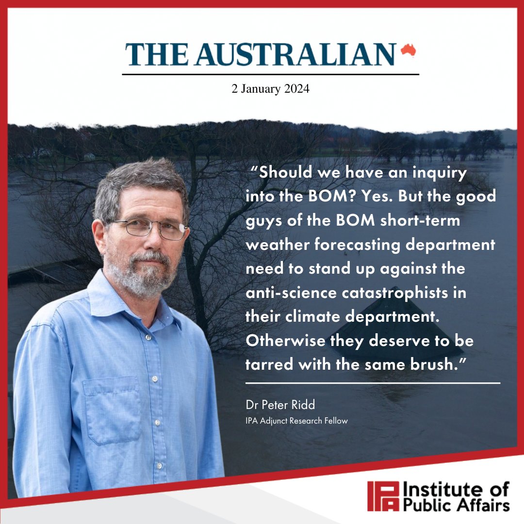 TheIPA's tweet photo. Australians rely on the BOM to be a trusted source of data and forecasts. Yet time and time again, sections of the BOM seem to be more interested in playing politics on climate than delivering real science. #auspol
Read what Dr Peter Ridd had to say in The @australian: https://t.co/Cw1BEROWLm