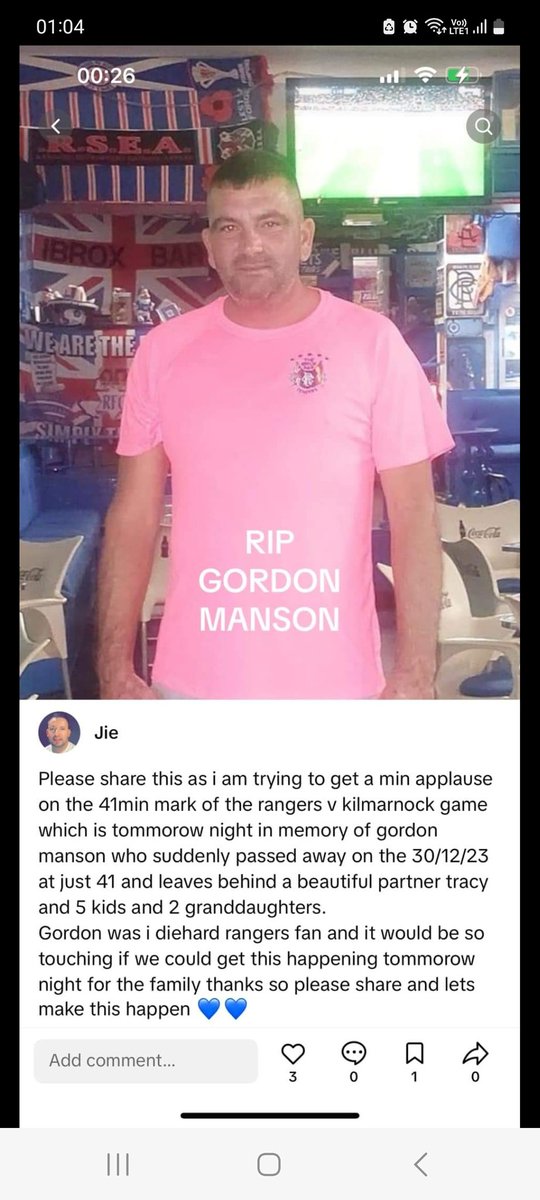 <a href="/SeafarerMichael/">Mariner</a> <a href="/Rangers_Spares_/">Rangers Spares</a>  <a href="/ibroxrocks/">Heart & Hand Podcast</a>  would like to share this and hopefully get this applause for a good bear passing suddenly before the game at the weekend. Rip Gordon. 😢💙