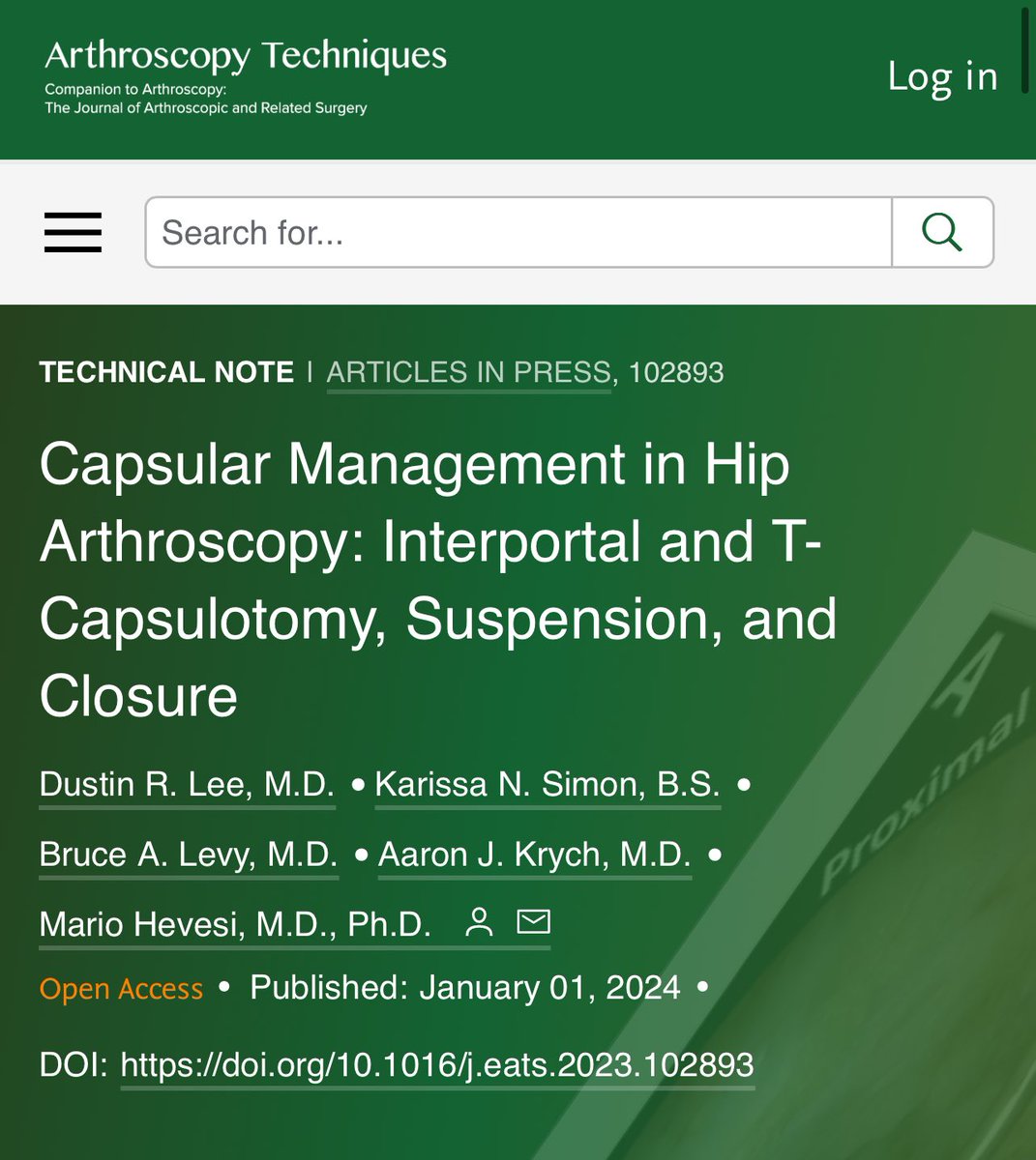 Mario Hevesi MD PhD (@mariohevesimd) on Twitter photo Check out our latest #TechniqueArticle on capsular management in hip arthroscopy - preserve and repair the capsule to restore joint function!
arthroscopytechniques.org/article/S2212-…
<a href="/MayoHipPres/">Mayo Clinic Hip Preservation</a> <a href="/MayoOrtho/">Mayo Sports Research</a> <a href="/mayoclinicsport/">Mayo Clinic Orthopedics and Sports Medicine</a> Check out our latest #TechniqueArticle on capsular management in hip arthroscopy - preserve and repair the capsule to restore joint function!
arthroscopytechniques.org/article/S2212-…
<a href="/MayoHipPres/">Mayo Clinic Hip Preservation</a> <a href="/MayoOrtho/">Mayo Sports Research</a> <a href="/mayoclinicsport/">Mayo Clinic Orthopedics and Sports Medicine</a>