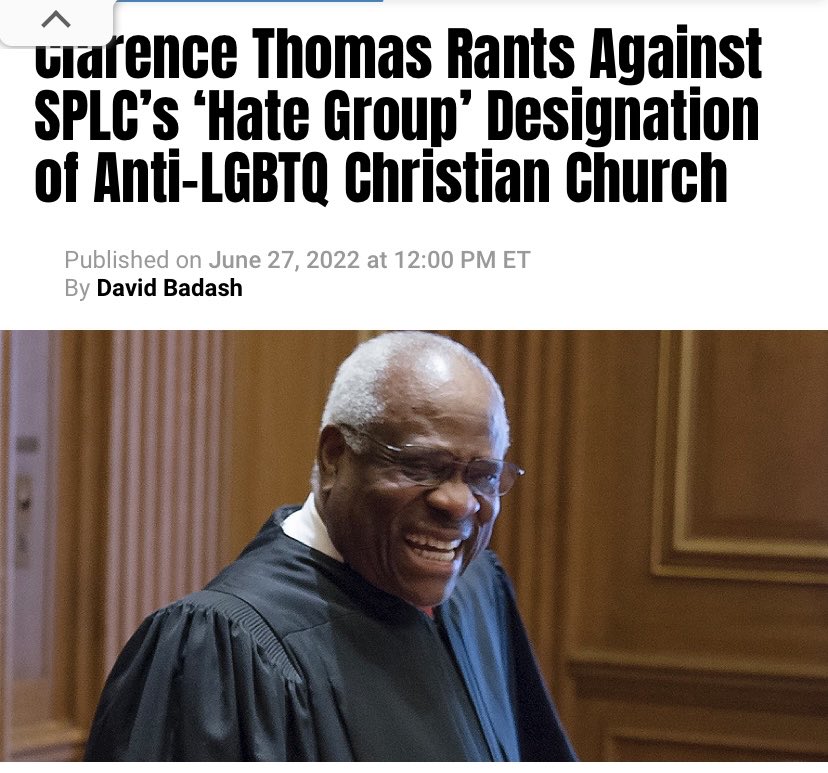 Roger Stone’s Florida church, Coral Ridge Ministries, sued the Southern Poverty Law Center (SPLC) after SPLC called it an anti-LGBTQ+ hate group. Coral Ridge asked SCOTUS to review their case, but only one justice felt they shld do so: Clarence Thomas. 1/ thenewcivilrightsmovement.com/2022/06/claren…