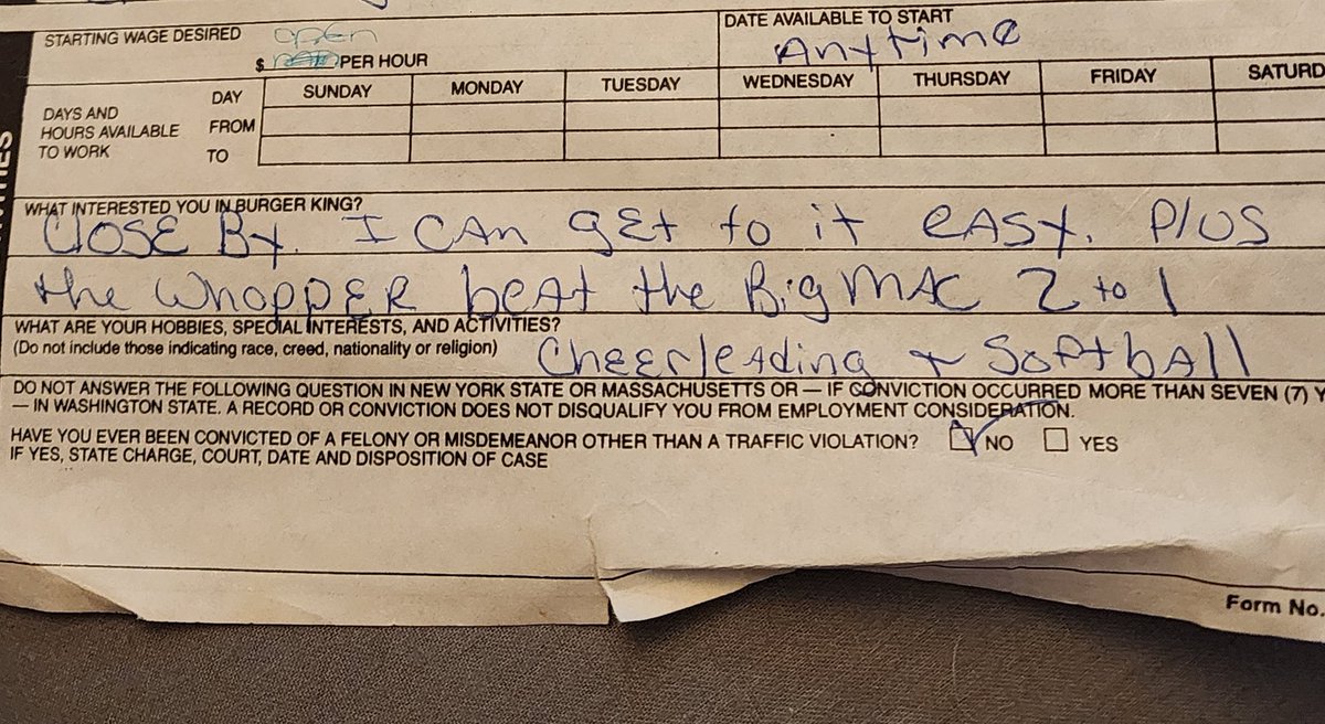 kimaltheide's tweet photo. @BurgerKing my application circa 1986 in which I was hired on the spot. https://t.co/AI3Vz6z0sH