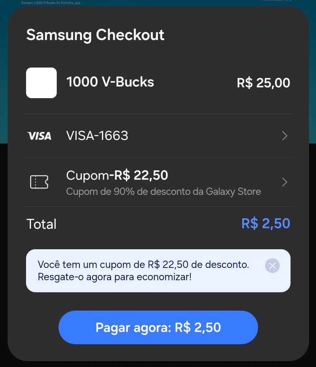PedroEliasFN's tweet photo. 1.000 V-BUCKS POR R$2,50!!
ou Pacote Exílio Vazio 👀🔥

A Galaxy Store está com um cupom de 90% de desconto para compras em até 25 reais. 

Veja o passo a passo nessa thread, segue o fio! 🧵💗 https://t.co/tEH3j3dZzX