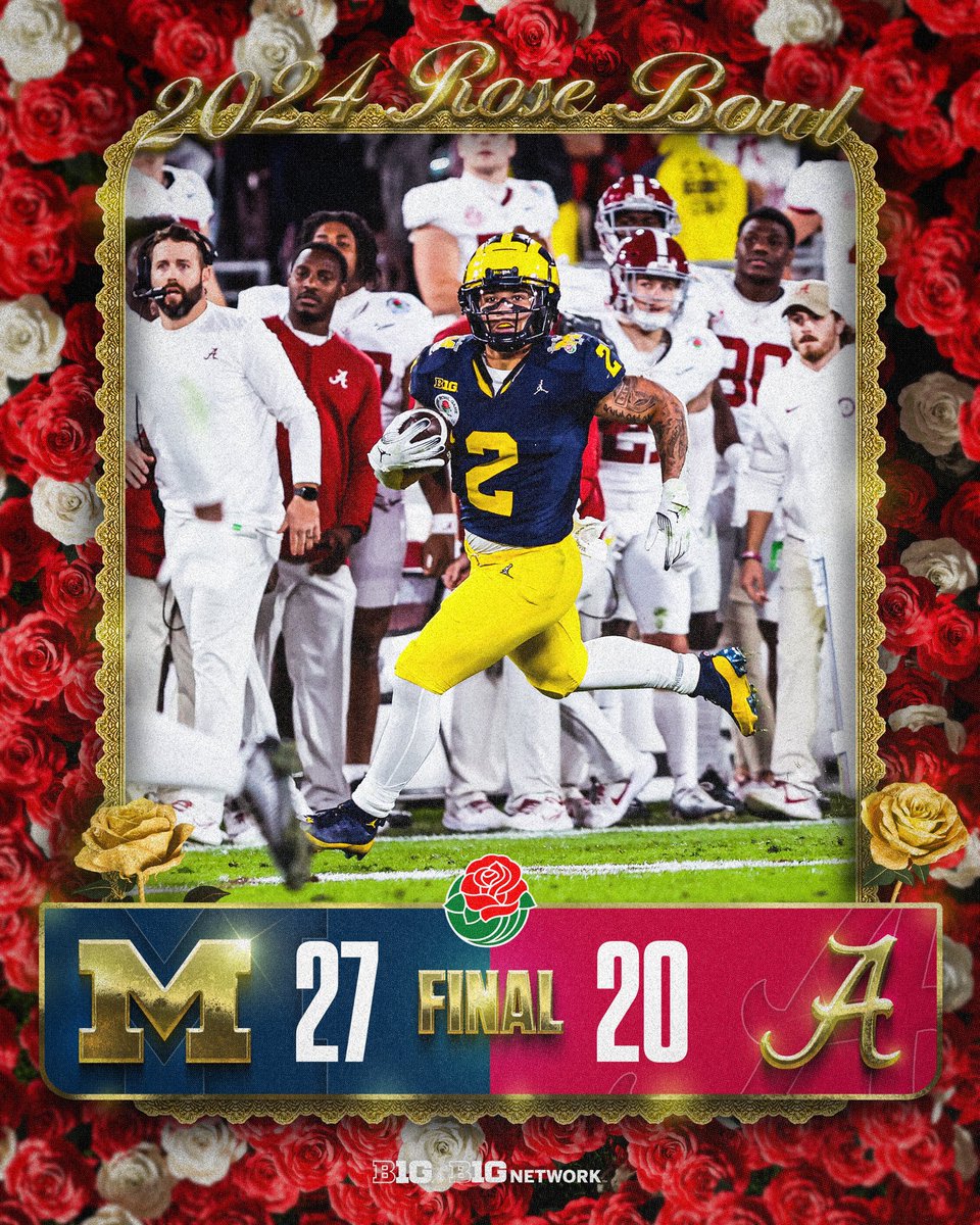 Big Ten Football (@b1gfootball) on Twitter photo MICHIGAN WILL PLAY FOR THE NATIONAL CHAMPIONSHIP!
<a href="/UMichFootball/">Michigan Football</a> takes down Alabama in the <a href="/rosebowlgame/">Rose Bowl Game</a>. 🌹 MICHIGAN WILL PLAY FOR THE NATIONAL CHAMPIONSHIP!
<a href="/UMichFootball/">Michigan Football</a> takes down Alabama in the <a href="/rosebowlgame/">Rose Bowl Game</a>. 🌹