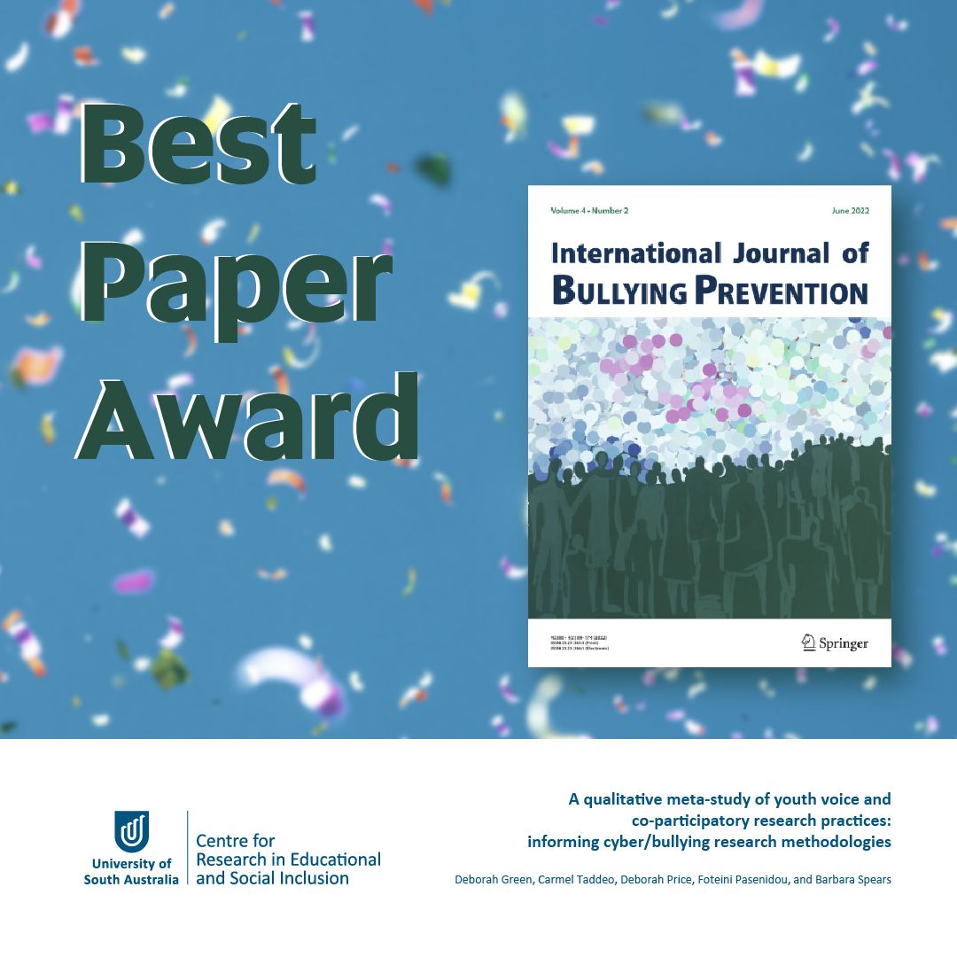 ✨ Exciting news! Our outstanding #CRESI members - Dr Deborah Green, Dr @carmeltaddeo, Dr Deborah Price, Dr @FPasenidou, and Adj Prof @BarbaraASpears - received the Best Paper Award from publications since 2021 in the International Journal of Bullying Prevention! @bullyingjournal
