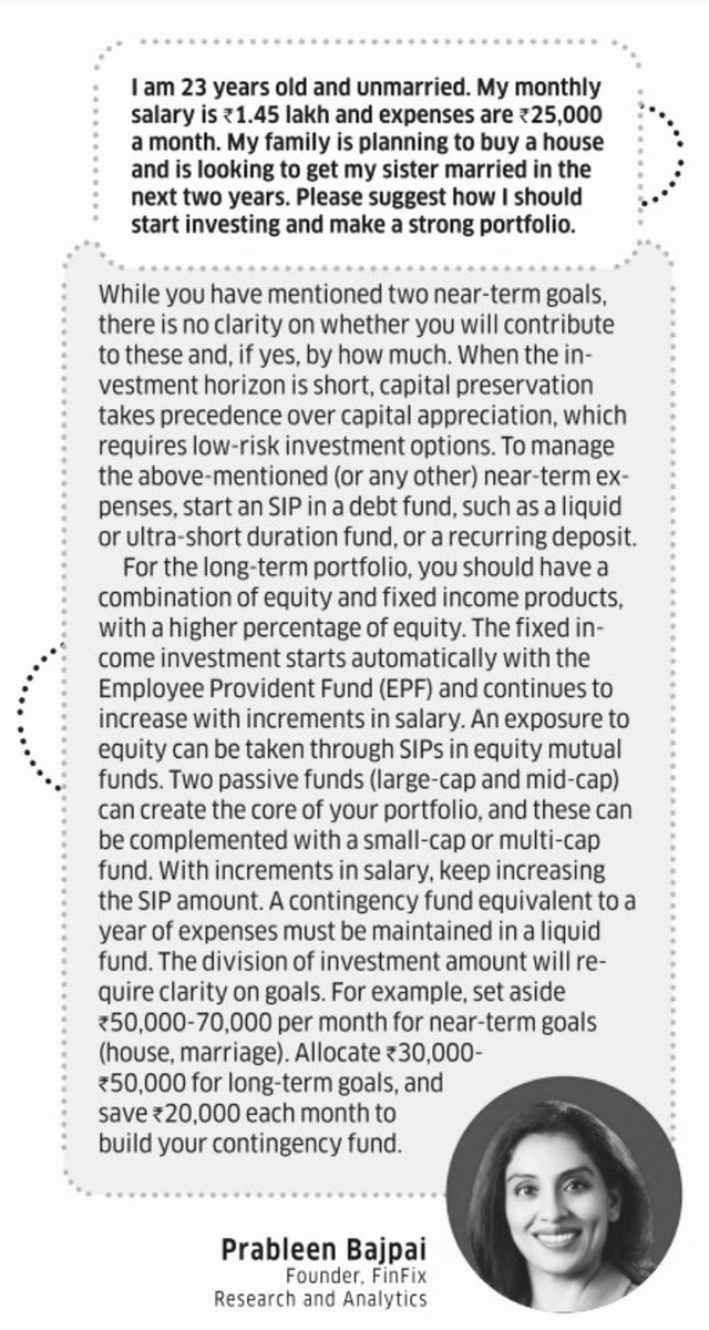 PrableenBajpai's tweet photo. Reply to a query by a 23-year-old in @etwealth 
Balancing between near-term and long term-term goals is important. 
Choose conservative products for near-term goals.
Equity should be dominant in the long term allocation. 
Contingency fund is a must.
Don’t drown yourself in debt. 
#personalfinance