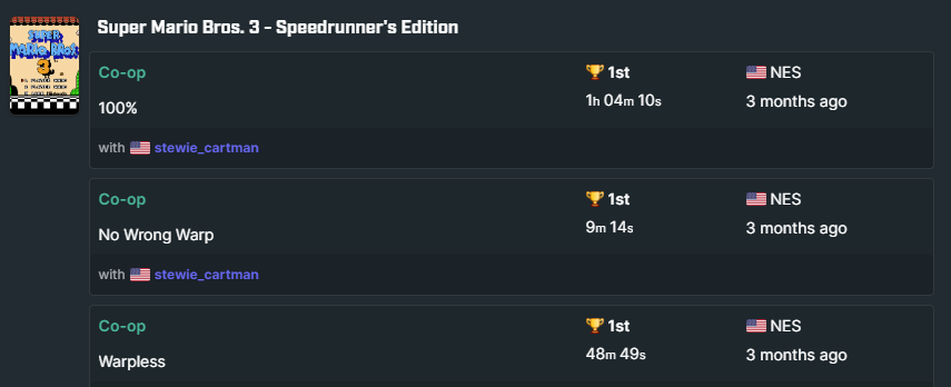 Making the rounds on most of the SMB3 CEs in late 2022 has allowed me to polish up outdated PBs and renewed my interest in pursuing a full WR sweep of Small Mario Only

&amp; I had the opportunity to meet w <a href="/Stew1e_Cartman/">Stewie_Cartman</a> and conquer much of the CO-OP leaderboards + get Warpless WR!