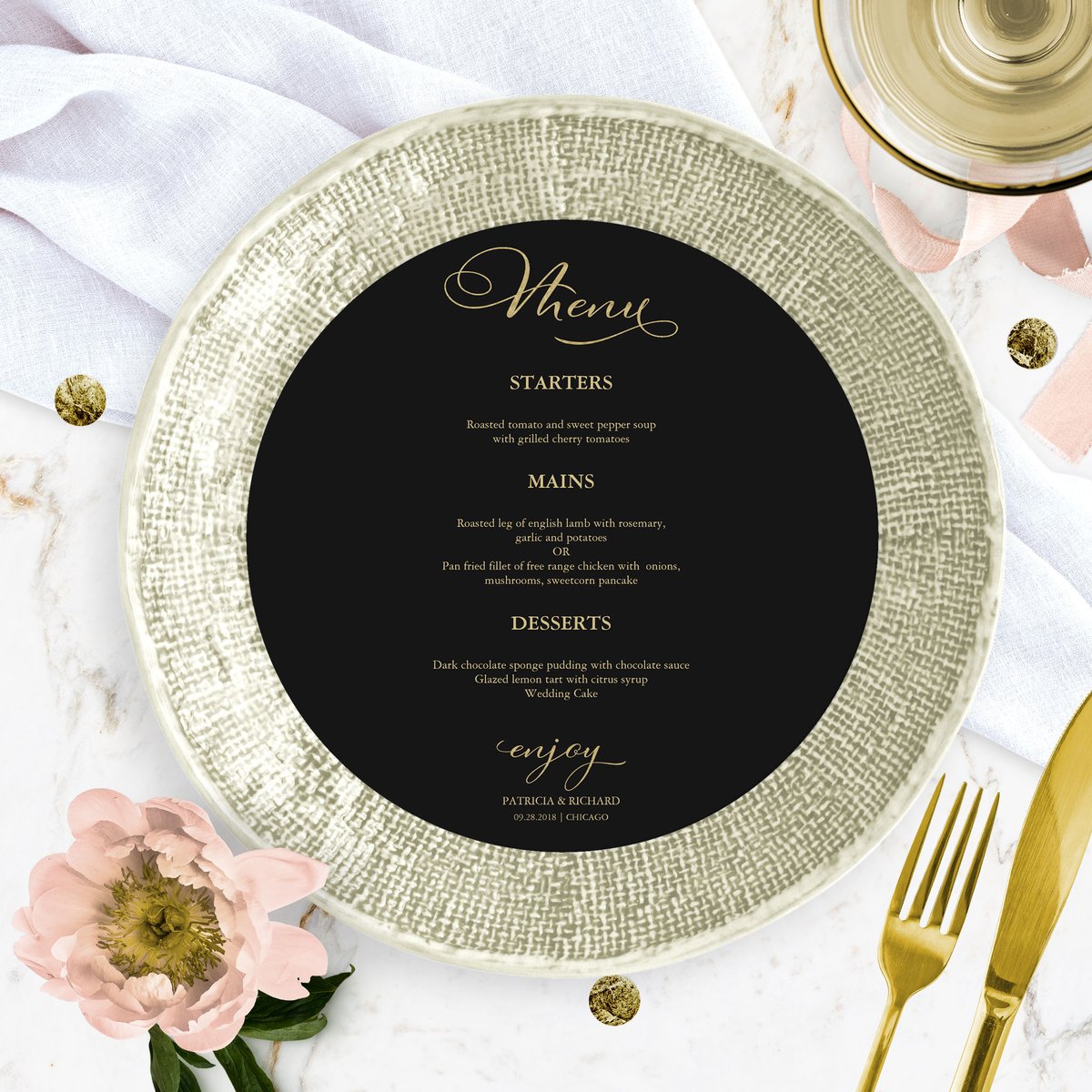 BudgetGuestBook's tweet photo. β¨ A touch of elegance and a hint of glamour β¨ Our gold and black circle menu cards are perfect for your wedding reception. Let your guests dine in style with this stunning design. ππ€ #WeddingReceptionGoals #ElegantMenu https://t.co/61qXITuhv5 https://t.co/Gb92WgQKlA