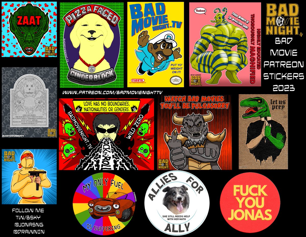 DrawnIn's tweet photo. The various stickers I've made for @BadMovieNight1 this past year. https://t.co/0vq2EsoUUl