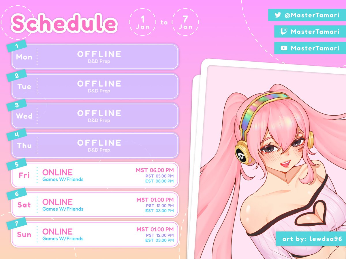 MasterTamari's tweet photo. Hi hi everyone! Here is my streaming schedule for this week 💖 I still got to work overtime this week, so I won’t have much going on. But as always, I’ll stream when I can. I hope everyone has a great week and Happy New Year 🎊 https://t.co/NwPxQsLmq3
