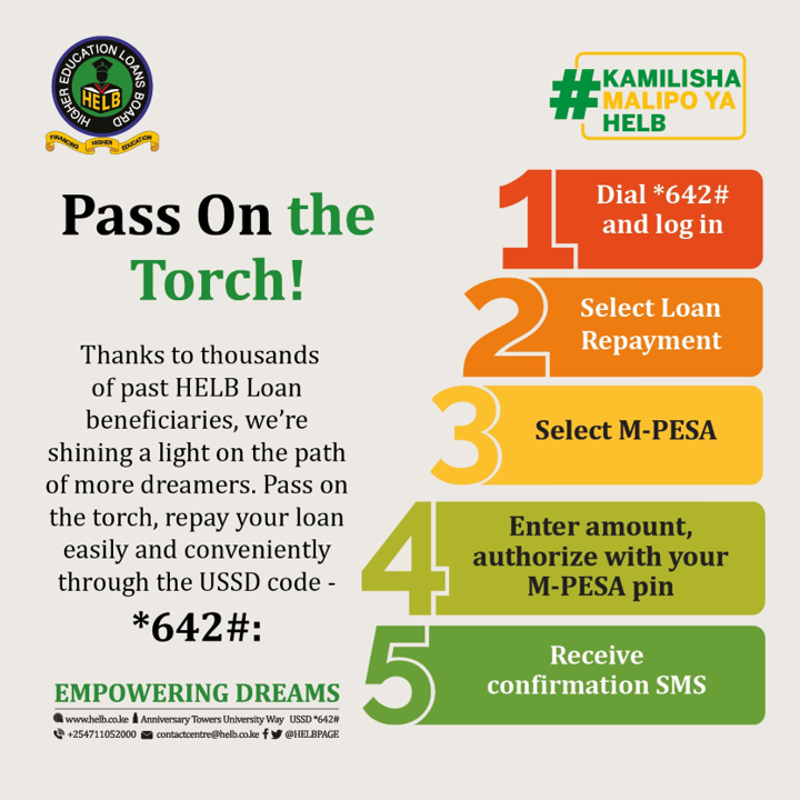 HELBpage's tweet photo. Your HELB Loan repayments support thousands of students to pursue their dreams without the weight of financial strain. Thank you for passing on the torch of hope. #EmpoweringDreams #PayItForward https://t.co/GiJy6mQkGr