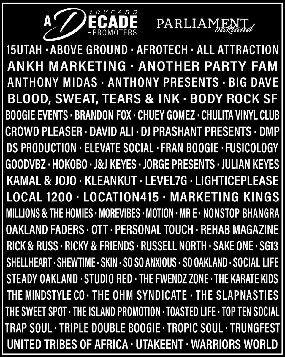 A DECADE ANNIVERSARY🎉10 YEARS 

4000+ EVENTS 
543 DJS
92 ARTISTS
73 PROMOTERS

WE THANK YOU OAKLAND!!
