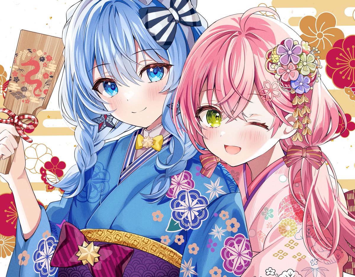 hoshimachi suisei ,sakura miko multiple girls 2girls one eye closed japanese clothes kimono blue hair blue eyes  illustration images