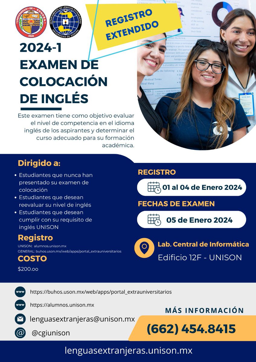 SoyLEIUnison's tweet photo. Aún tienes oportunidad de presentar tu examen de colocación de inglés para el semestre 2024-1 . Cupo limitado. Visita https://t.co/f2rTV6TDfx https://t.co/PLNTXIGDuf
