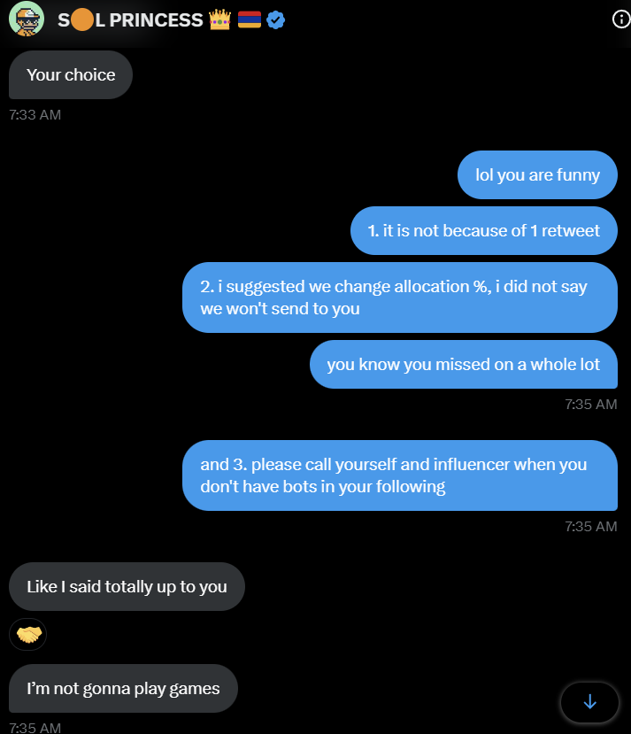 solana princess FUDing @GOO_Solana hard because she did not get a bag. here are the receipts of the full message and then she blocked me 😂