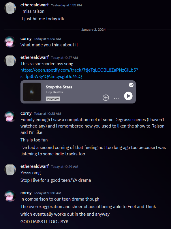 cornymio's tweet image. Nothing new to share, just that on some occasions, I get to think about Raison through the new music tracks that remind me of a simpler time as a young 20-year-old. Turns out @etherealdwarf had the exact same thing happen to him too lol

Happy 2024 y'all, hope it's kind to us.