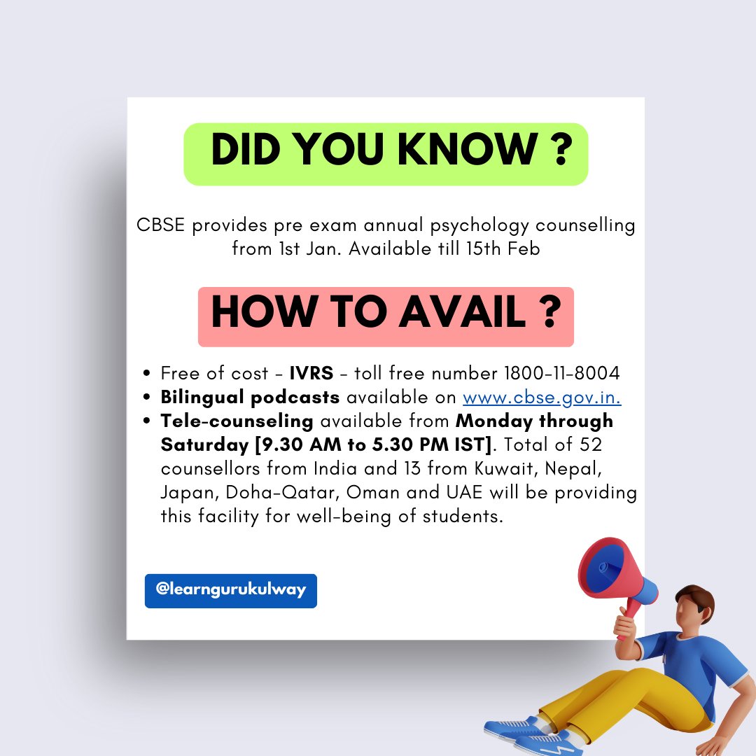 CBSE pre-exam annual psychology counselling sessions are now available till 15th Feb 2024.

Follow @learngurukulway 🤩 for more such timely updates.

#CBSE #cbseexam #counsellingpsychology