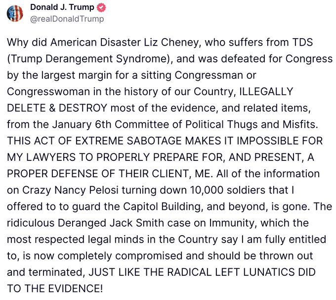 KellyScaletta's tweet photo. Donald Trump is the commander of the DC National Guard. He would not "request" troops. He would order them. 

He is blaming Liz Cheney for destroying "evidence" of something that didn't happen because he didn't do what he was supposed to do. 

If he wanted troops there. There would have been troops there. Full stop.