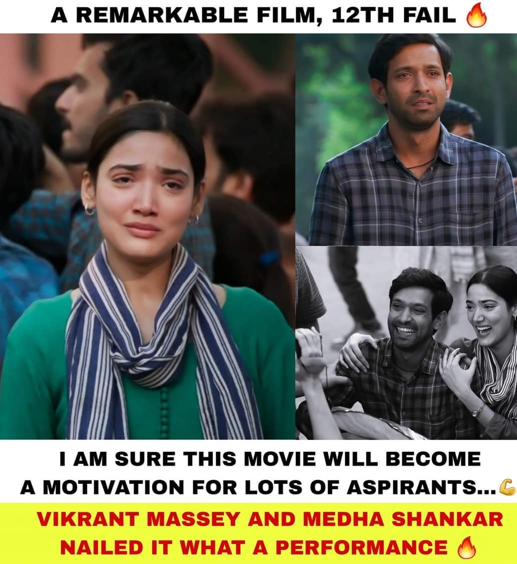 it would have been a blockbuster movie like "Three Idiots" if led by some super star like #Amir_Khan or #SRK but still a blockbuster for me. Best movie of the year.
#12th_fail_movie
#VikrantMassey 
#MedhaShankar
#Vidhu_vinod_Chopra