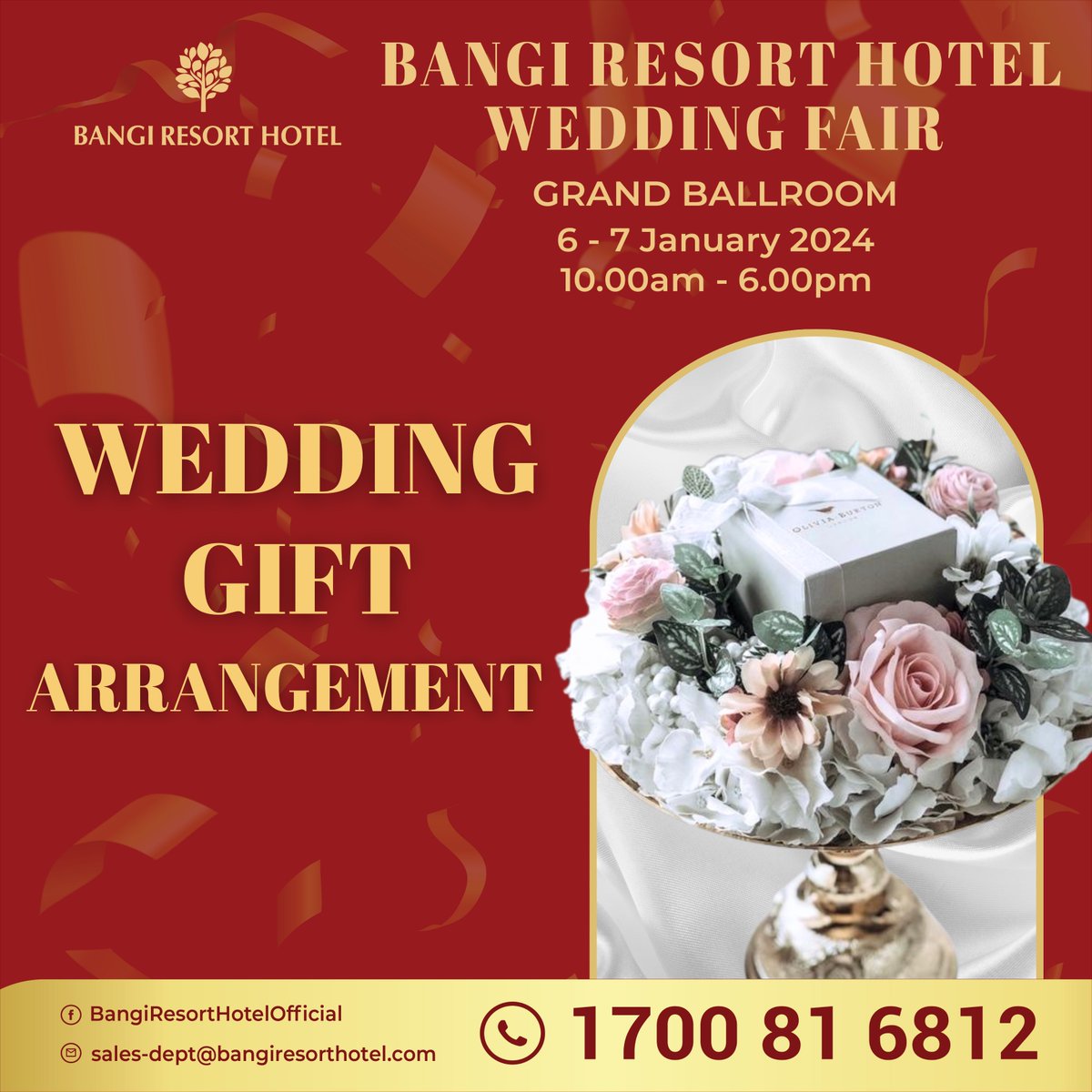 Join us at the Wedding Fair and dive into a world of festivities! 🎉
🗓️ Save the Date: January 6 - 7, 2024
⏰ Time: 10:00 am - 6:00 pm
📍 Venue: Grand Ballroom, Bangi Resort Hotel

It's a celebration for everyone - don't miss out! 💐🎶💃🎁

#weddingfair #bangiresorthotel