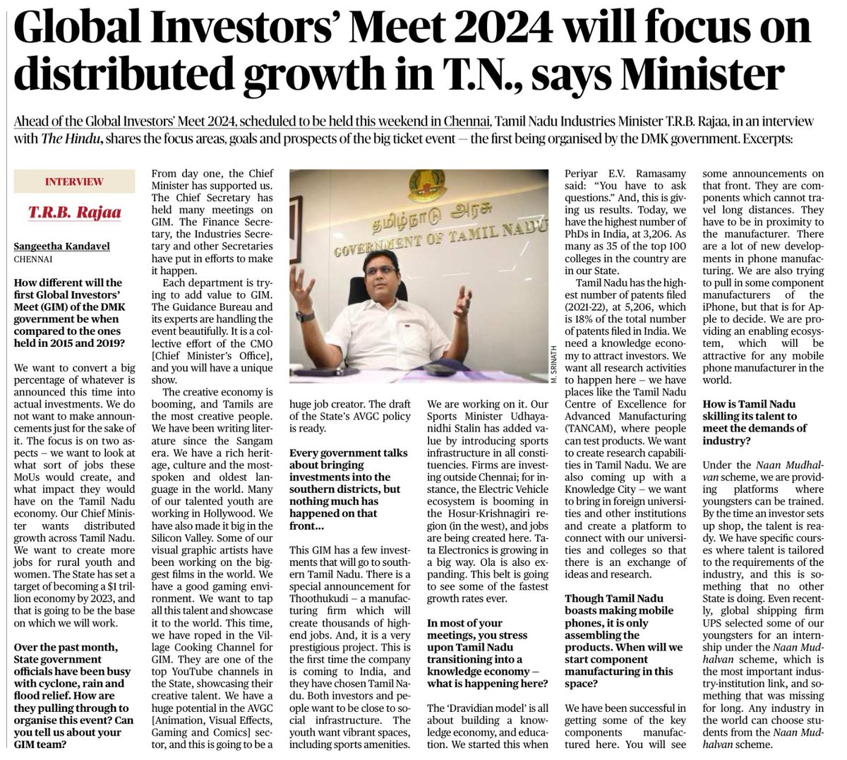 “Global Investors Meet 2024 will focus on distributed growth in Tamil Nadu”

#InvestInTN #DravidianModel #TNGIM2024