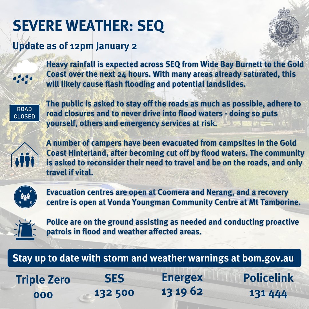 Heavy rainfall is continuing across parts of South East Queensland and residents are urged to stay up to date with the latest weather warnings. For weather and flood warnings 👉bom.gov.au/qld/warnings/ For road closures and traffic updates 👉 qldtraffic.qld.gov.au