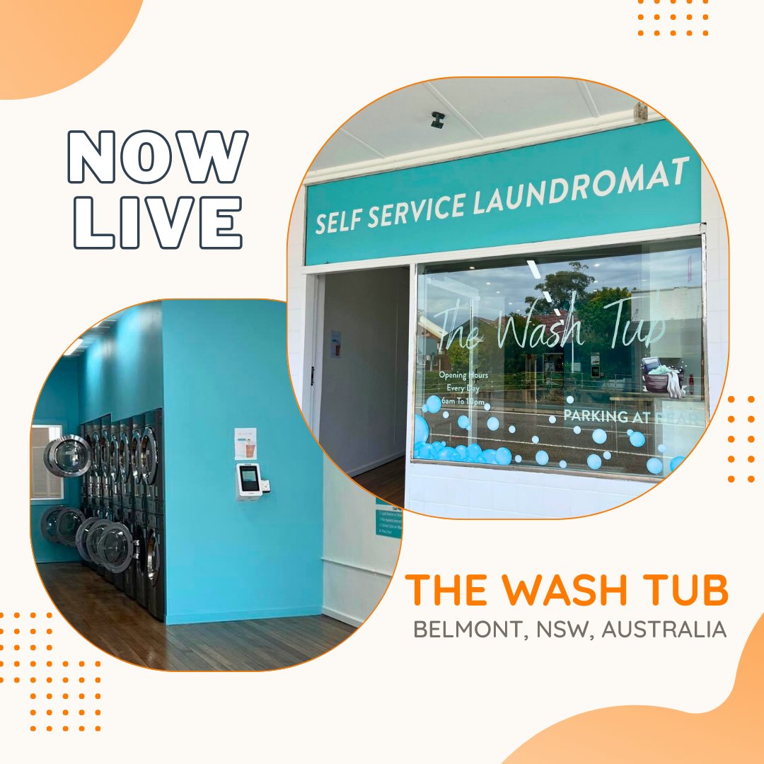 tangerpay's tweet photo. Heads up, Belmont residents! The Wash Tub Laundromat is live with the Tangerpay kiosk and mobile pay! Their LG machines also come with detergent that are automatically dispensed - so convenient! Hassle-free laundry days await you at 606 Pacific Highway, Belmont NSW.✨ https://t.co/pIG9NOM2Rl