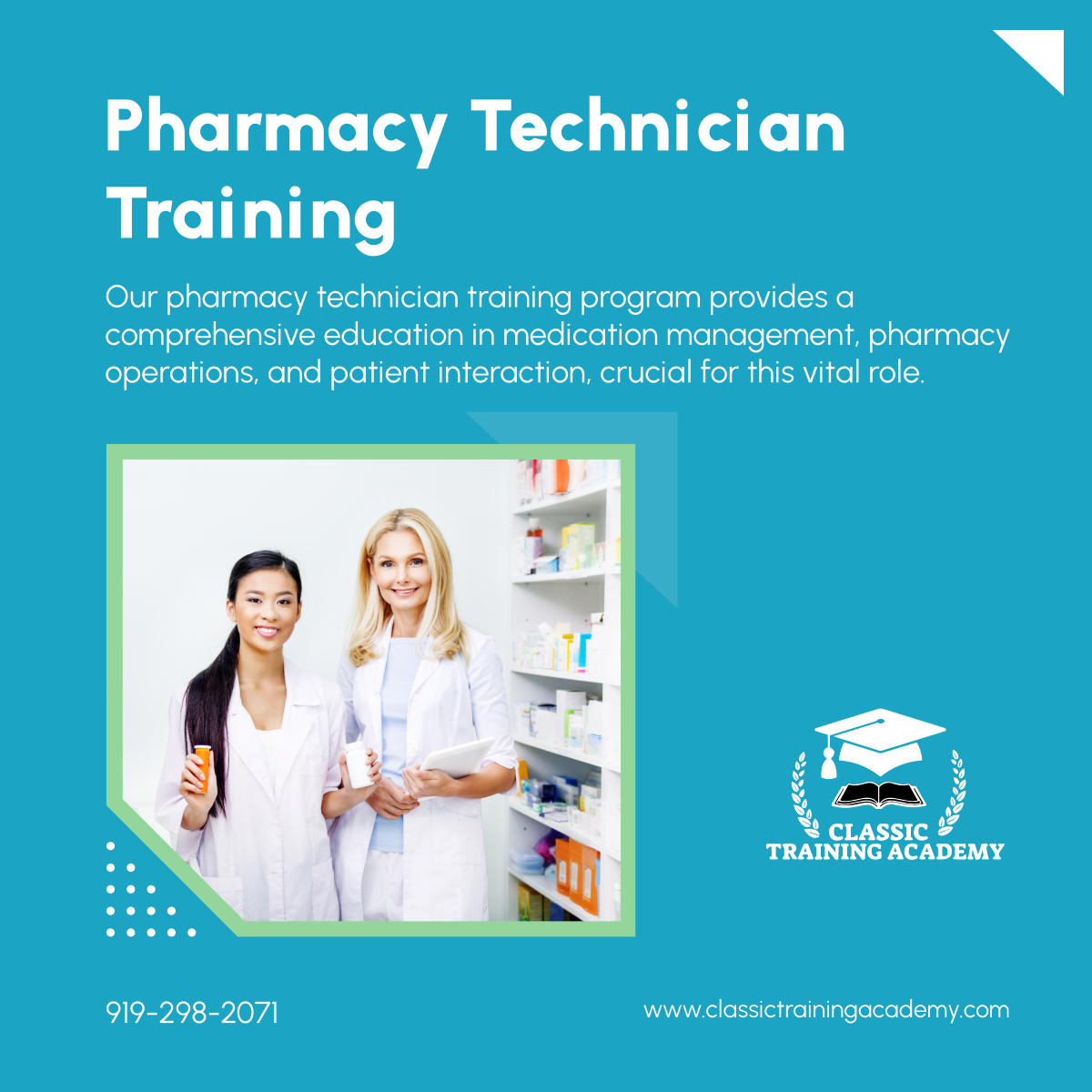 ClassicTrain1's tweet image. Embark on a fulfilling pharmacy career. With Classic Training Academy, you can gain comprehensive knowledge in pharmacy operations and patient care, setting the foundation for a successful healthcare career.

#HealthcareTrainings #HealthcareTrainingSchool #RaleighNC