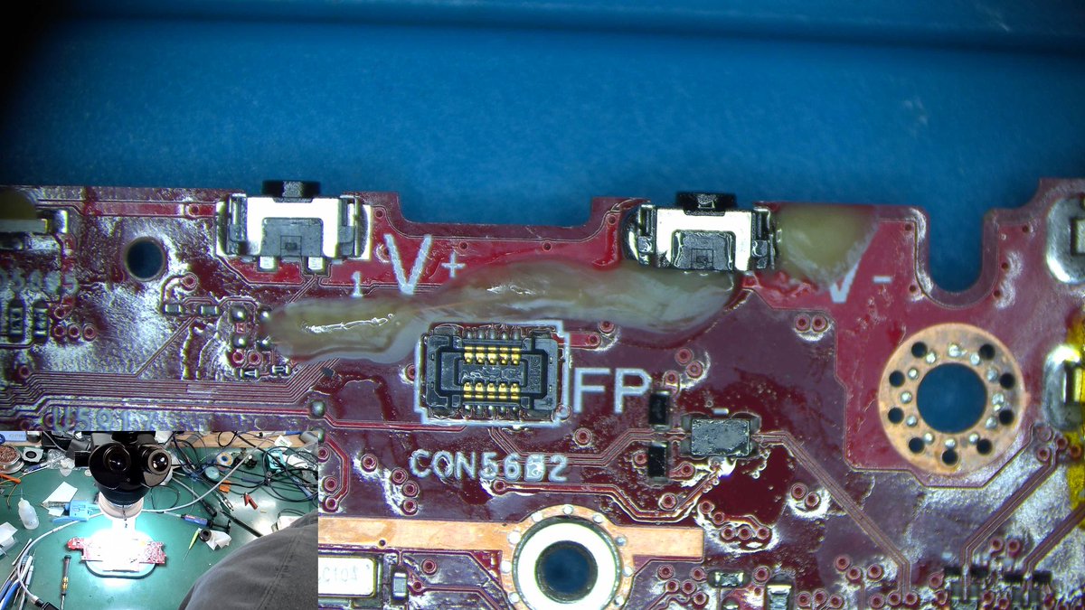 Quick and easy fix on an ROG Ally with a nonfunctional volume down button due to ripped traces. Two .1mm jumper wires and some UV resin to hold everything in place and it’s back to full function ✌️