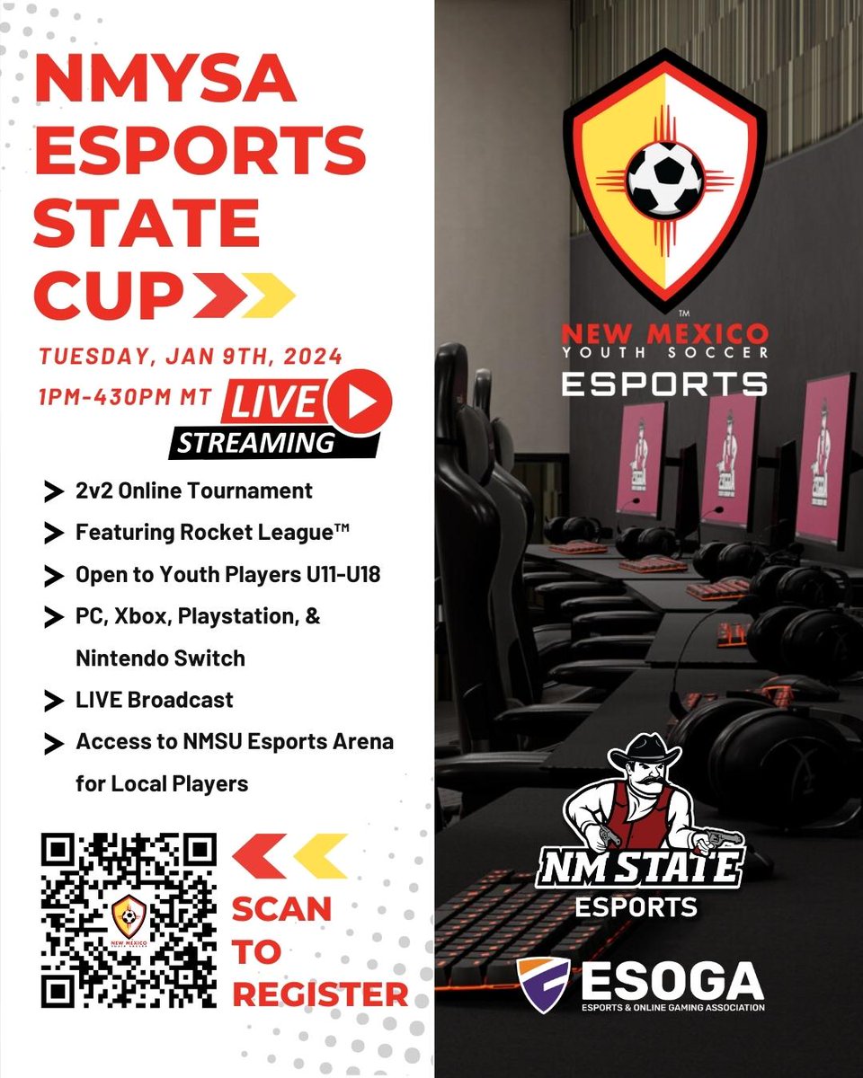 NMStateEsports's tweet photo. 📢LAST CHANCE TO SIGN UP! 📢

Sign-ups for the #NMYSA 2v2 #RocketLeague Tournament are CLOSING Soon #AggieNation!

Sign up today for a chance to play in one of the biggest #Esports Facilities in the southwest! 

Use COUPON Code "391859" at registration: https://t.co/yaQiQ8P0mD https://t.co/N0B2hUCD8I