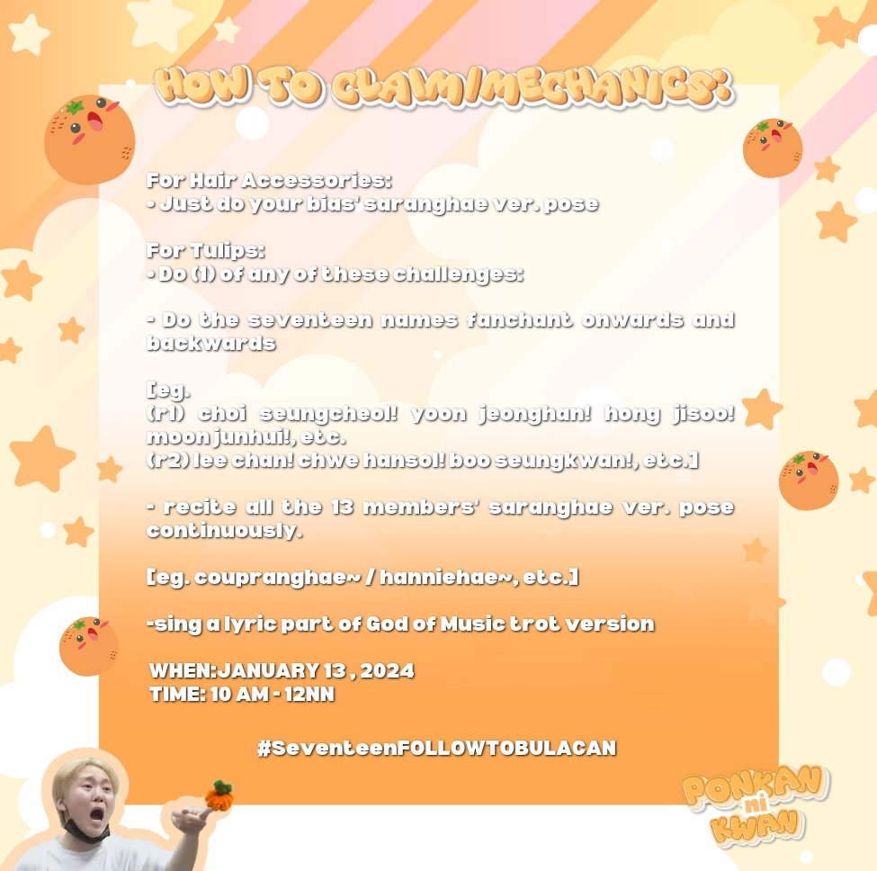 bencys_cart's tweet photo. Seventeen Follow to Bulacan fuzzy freebies on Day 1! ෆ ✨

🌼: Kung chi pak TULIPS;
🍊: PONKAN NI KWAN; 
🩷🩵: + svt hair accessories

✿ ♡ &amp; rt to reach carats 
✿ loc: tba
✿ 1:1
✿ how to claim ⬇️

See u carats! 💎

#FOLLOW_TO_BULACAN #SVT_TOUR_FOLLOW #bncy_crafts https://t.co/f37awsbX9I