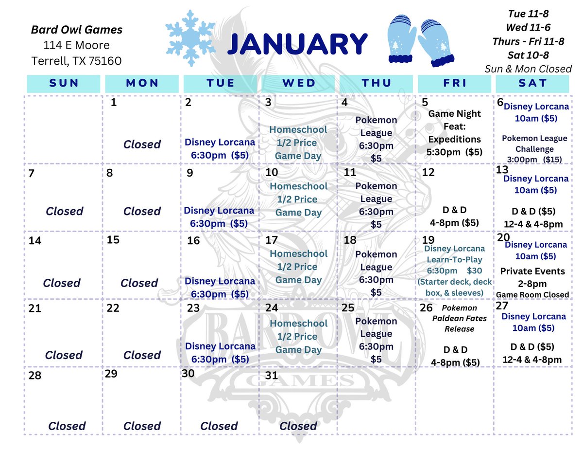 owl_bard's tweet photo. Happy New Year!! Here's our January Calendar...we've got a great month lined up! What are you most excited about?
#BardOwlGames #Calendar #TerrellTX #DowntownTerrell #FLGS #Lorcana #BoardGames https://t.co/JVg1aUqR6K
