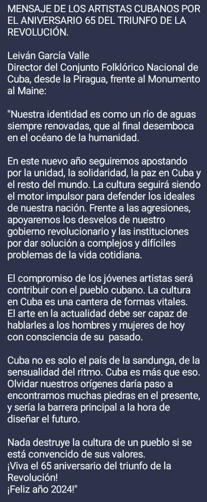 MENSAJE DE LOS ARTISTAS CUBANOS✊️ POR EL ANIVERSARIO 6⃣ 5⃣ TRIUNFO DE LA REVOLUCIÓN🇨🇺. Leiván García Valle, Director del Conjunto Folklórico Nacional de Cuba, desde la Piragua, frente al Monumento al Maine. #CubaEsCultura #EstaEsLaRevolución #VamosAVencer