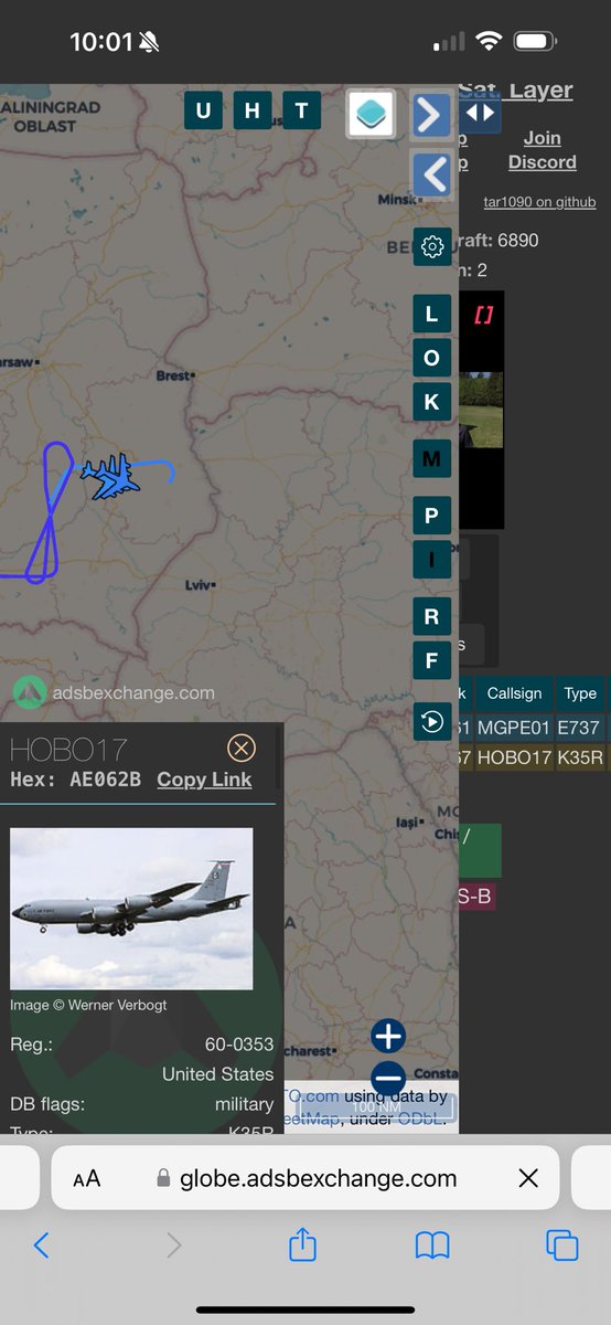 internetguy01's tweet photo. A K35R Stratotanker and a E737 AEWC Early Warning and Control are in position tonight in Poland on the border of Ukraine near Lviv. Previously this has been an indicator of a large scale Russian attack
Time: 06:05 local/ 04:05z
Hex: #7CF8F1, #AE062B
Callsign: #MGPE01, #HOBO17
Reg: 5661, 6367