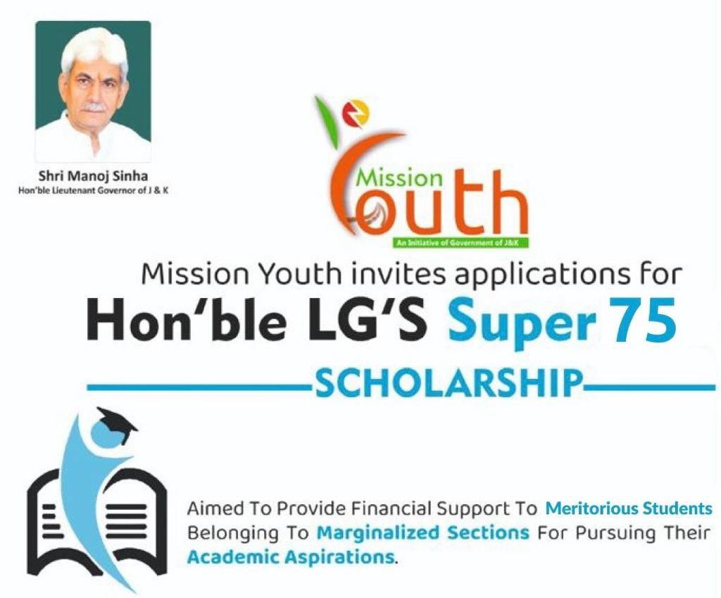 Mission Youth JK (@missionyouth_jk) on Twitter photo Attention Everyone!! Mission Youth is inviting applications for the Super 75 scholarship scheme, aiming to empower underprivileged, meritorious students. Visit our website for more information.
<a href="/OfficeOfLGJandK/">Office of LG J&K</a>
<a href="/listenshahid/">Shahid Choudhary</a>
<a href="/diprjk/">Information & PR, J&K</a> Attention Everyone!! Mission Youth is inviting applications for the Super 75 scholarship scheme, aiming to empower underprivileged, meritorious students. Visit our website for more information.
<a href="/OfficeOfLGJandK/">Office of LG J&K</a>
<a href="/listenshahid/">Shahid Choudhary</a>
<a href="/diprjk/">Information & PR, J&K</a>