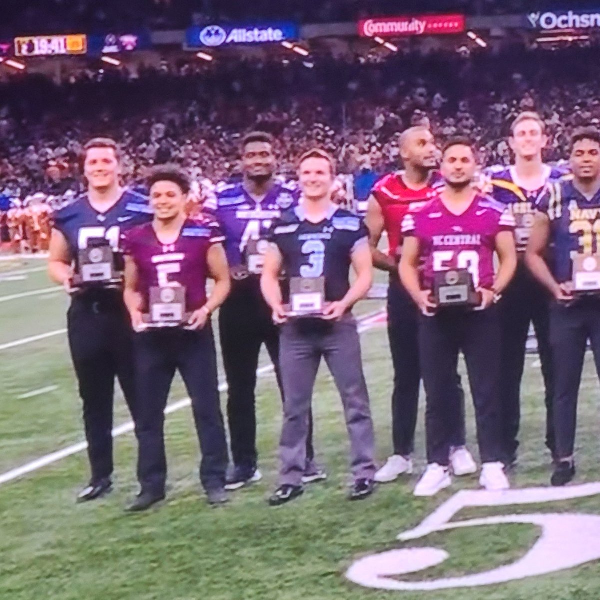 There's @MsideFootball's KJ Williams on the field of the Sugar Bowl representing Morningside on the AFCA Allstate Good Works Team.