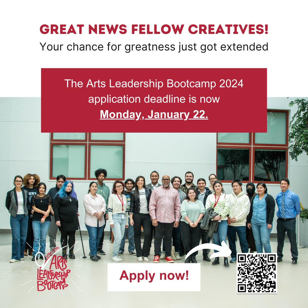 QCDTD's tweet photo. @cuny students, thought you missed the ticket to greatness?💔 Here’s some EPIC news! The Arts Leadership Bootcamp 2024 application deadline is now pushed to January 22. 🤩✌️Don’t miss out by applying today – let’s rock this together! 🤘🎨
Application link: https://t.co/xICYikzHBU https://t.co/7HS9bCp2BH