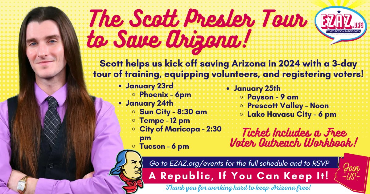 ❤️<a href="/ScottPresler/">ThePersistence</a> IS COMING TO AZ FOR AN 8-STOP VOTER REGISTRATION TRAINING TOUR Jan 23-25

Scott Presler has helped flip counties nationwide with voter registration, and now he's coming to Arizona to empower us to save our state. 

👉EZAZ.org/events to RSVP.