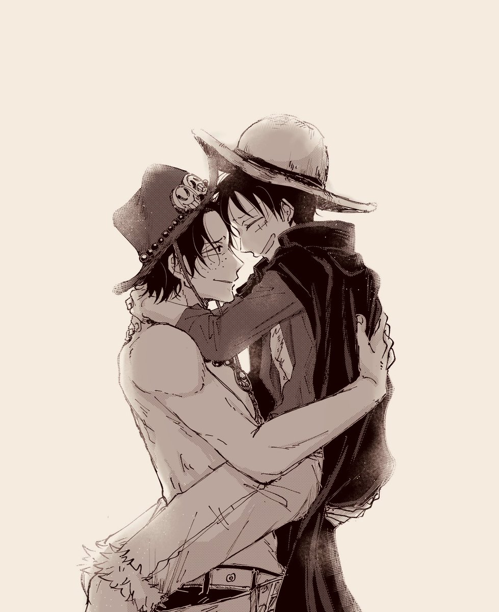 monkey d. luffy ,portgas d. ace 2boys hat multiple boys male focus straw hat monochrome scar  illustration images