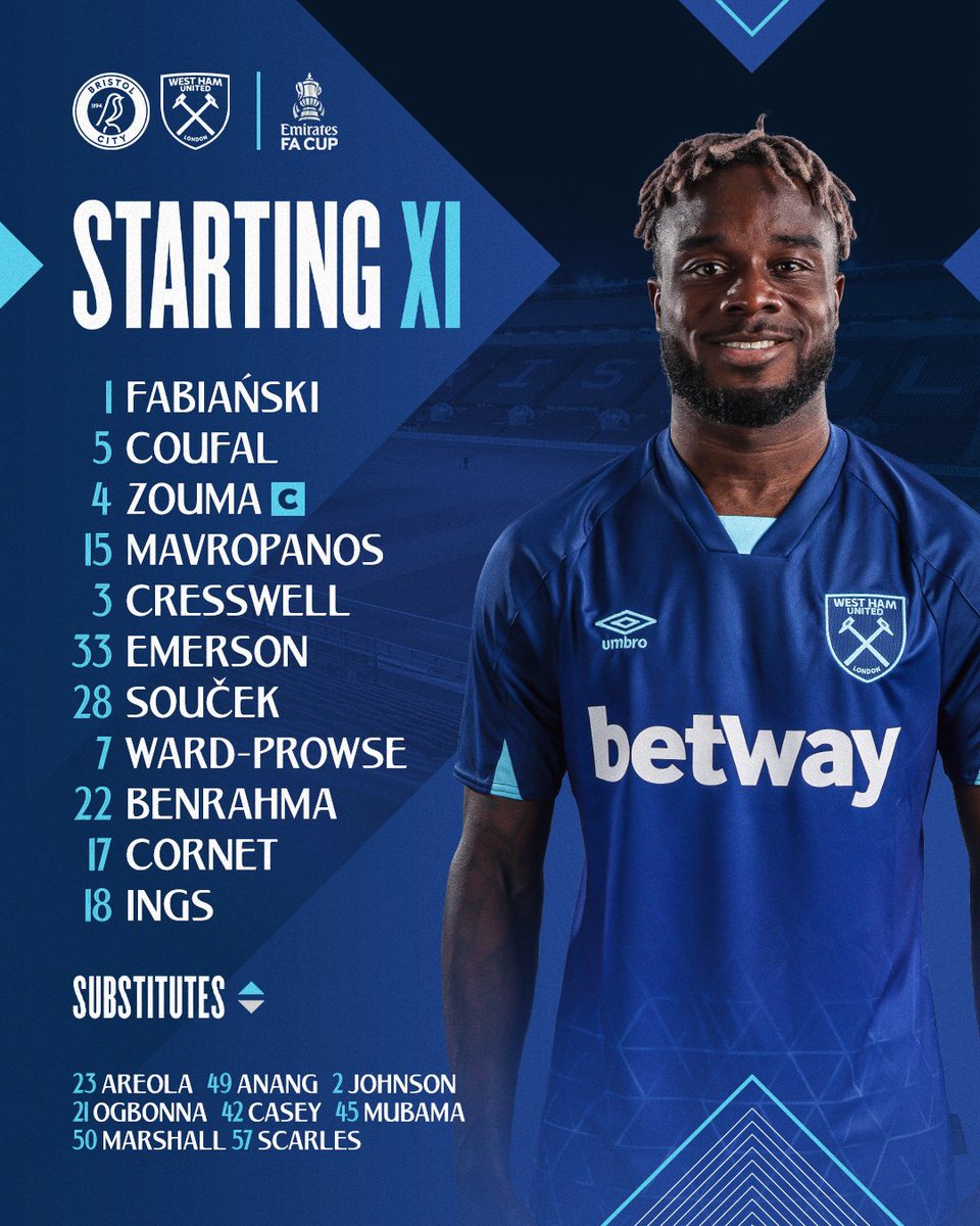 WestHam's tweet photo. The XI to take on the Robins ⚒️ https://t.co/1yJLlcHZ9U