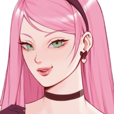 1girl solo pink hair jewelry earrings green eyes choker  illustration images