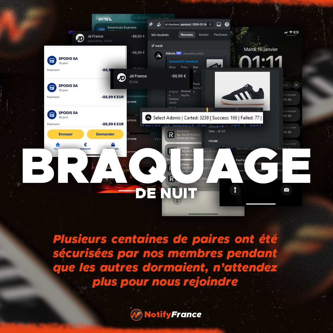 NotifyFrance's tweet photo. Pendant que certains dorment, d’autres braquent 🥱
Vous faisiez partie de quelle équipe cette nuit ?
Merci à notre staff pour le ping de qualité qui a permis de sécuriser des centaines de campus 🙏🏻☺️
#cookgroup #adidas #resell https://t.co/sXSjFEFhVQ