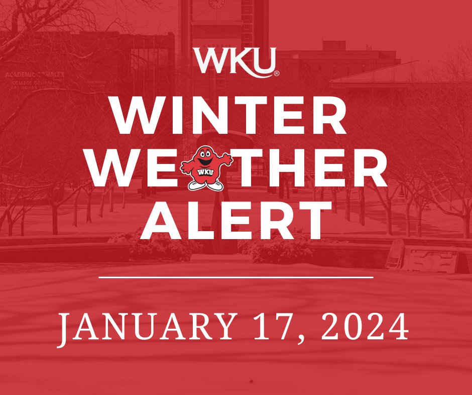 wku's tweet photo. WKU Alert: All WKU campuses are closed and all classes are canceled tomorrow, January 17. https://t.co/rkl17EpPVR
