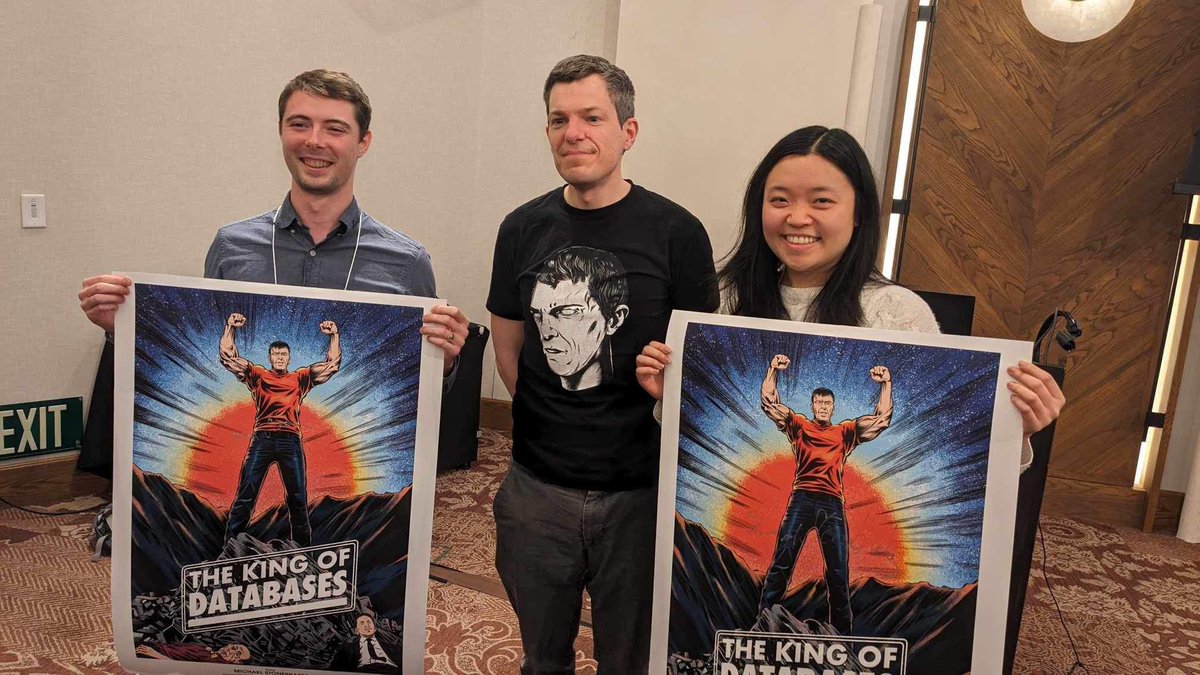 Thrilled to tie with @conor_power23 for best talk at the CIDR 2024 Gong Show!! We are now proud owners of movie posters autographed by the “King of Databases” aka Mike Stonebraker. Thank you @andy_pavlo for organizing!