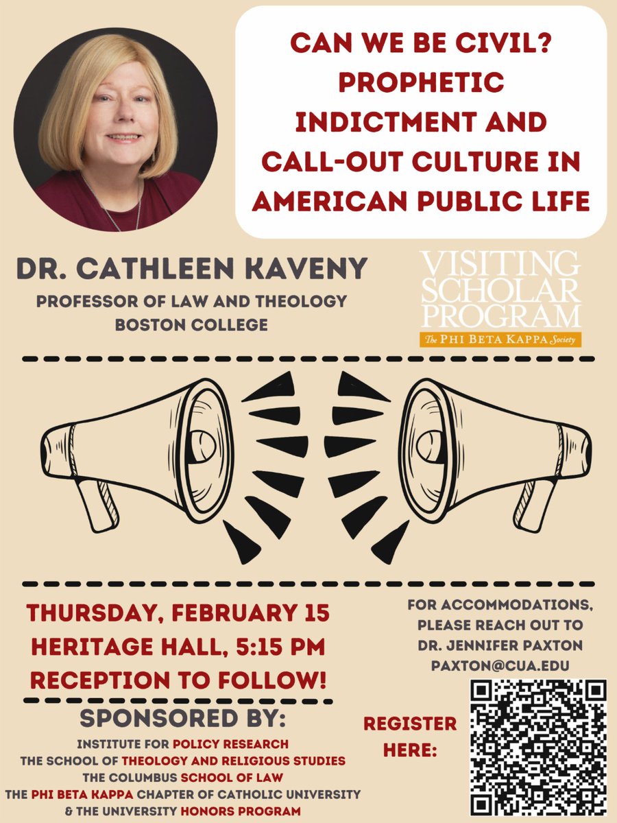 IPRatCatholicU's tweet photo. This lecture will take place on Thursday, February 15, 2024 at 5:15 pm in Heritage Hall on The Catholic University of America campus. Professor Kaveny will be giving a talk entitled "Can We Be Civil? Prophetic Indictment and Call-Out Culture in American Public Life." https://t.co/WSzE7ZZicb