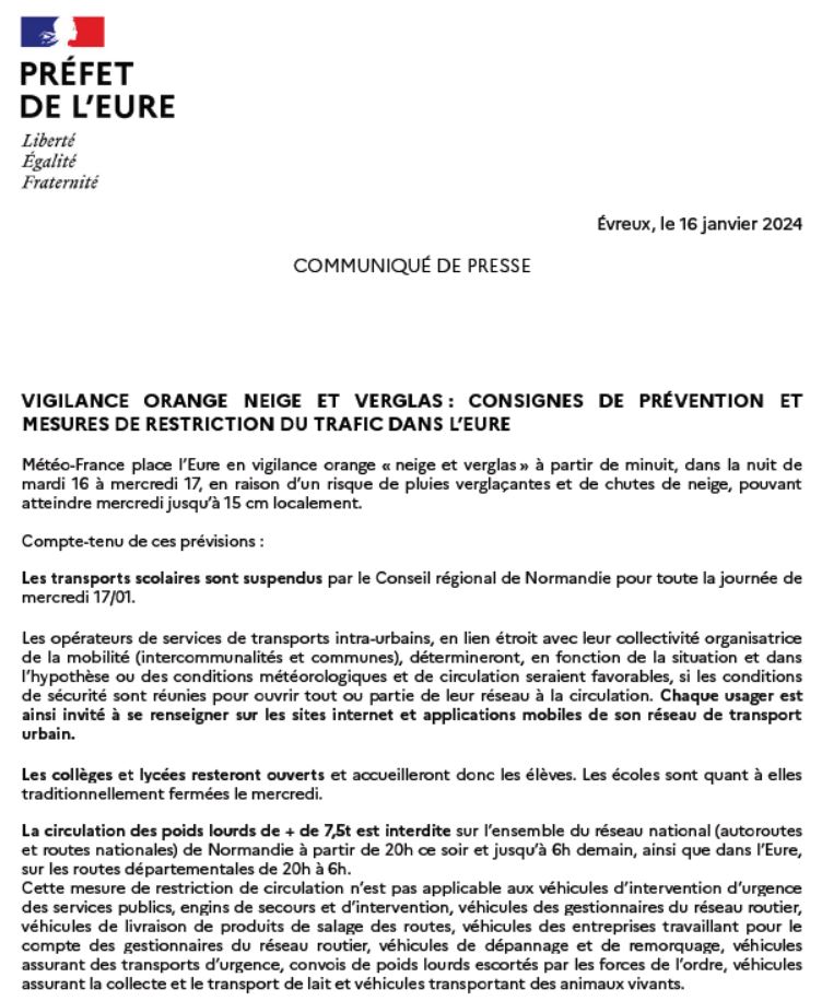 Prefet27's tweet photo. #Vigilance orange 🟠 #neige #verglas : communiqué de presse sur les consignes de prévention et les mesures de restriction du trafic dans l'#Eure. 

👉A retrouver sur le site internet de la préfecture : https://t.co/Rnp68k8TKW https://t.co/0gHKFLaQl9