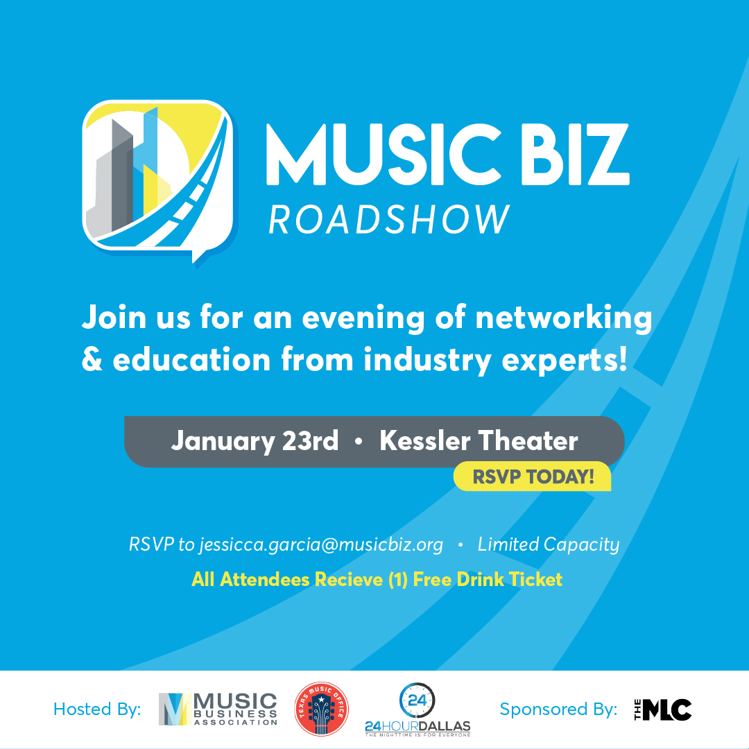 Join the Texas Music Office, @24hourdallas, @MusicBizAssoc, and @MLC_US for a #MusicBizRoadshow Presentation and Mixer at @KesslerTheater in #DallasTX on 1.23.24. This is a free event and is open to the public w/RSVP: bit.ly/MusicBizDallas | jessicca.garcia@musicbiz.org