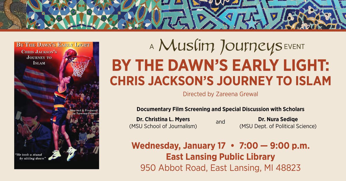 msulibraries's tweet photo. Join us TOMORROW at @elplibrary at 7–9 p.m. for a showing of "By the Dawn's Early Light: Chris Jackson's Journey to Islam" as part of our Muslim Journeys program! Following the film will be a special discussion with scholars from @MSUjschool and @MSU_poli_sci! https://t.co/V1tJqgJoQ2