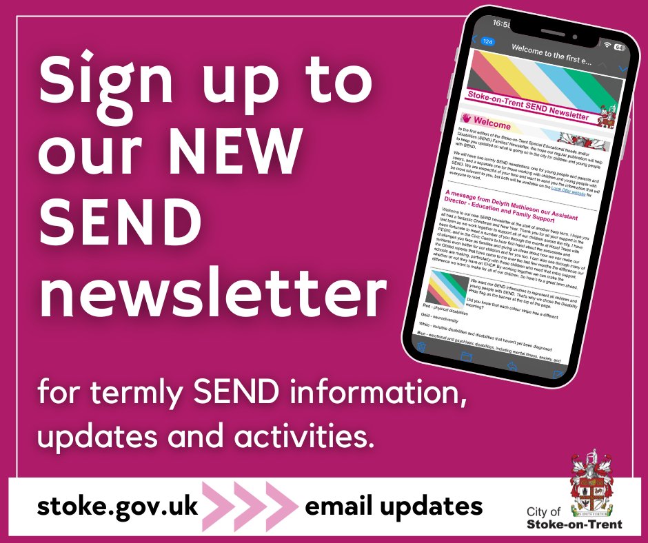 SoTCityCouncil's tweet photo. 🗞️Our 1⃣st Special Educational Needs and Disabilities newsletter is hitting inboxes with information on:

🛝Things to do
🫂Finding support
👨‍👦The Stoke Parent Carer Forum from @VASTstaffs 
🌈Inclusion week info from @StokeEPS

and more!

➡️Subscribe here: https://t.co/UwcMWbm2qZ https://t.co/Le2IhRVHwX