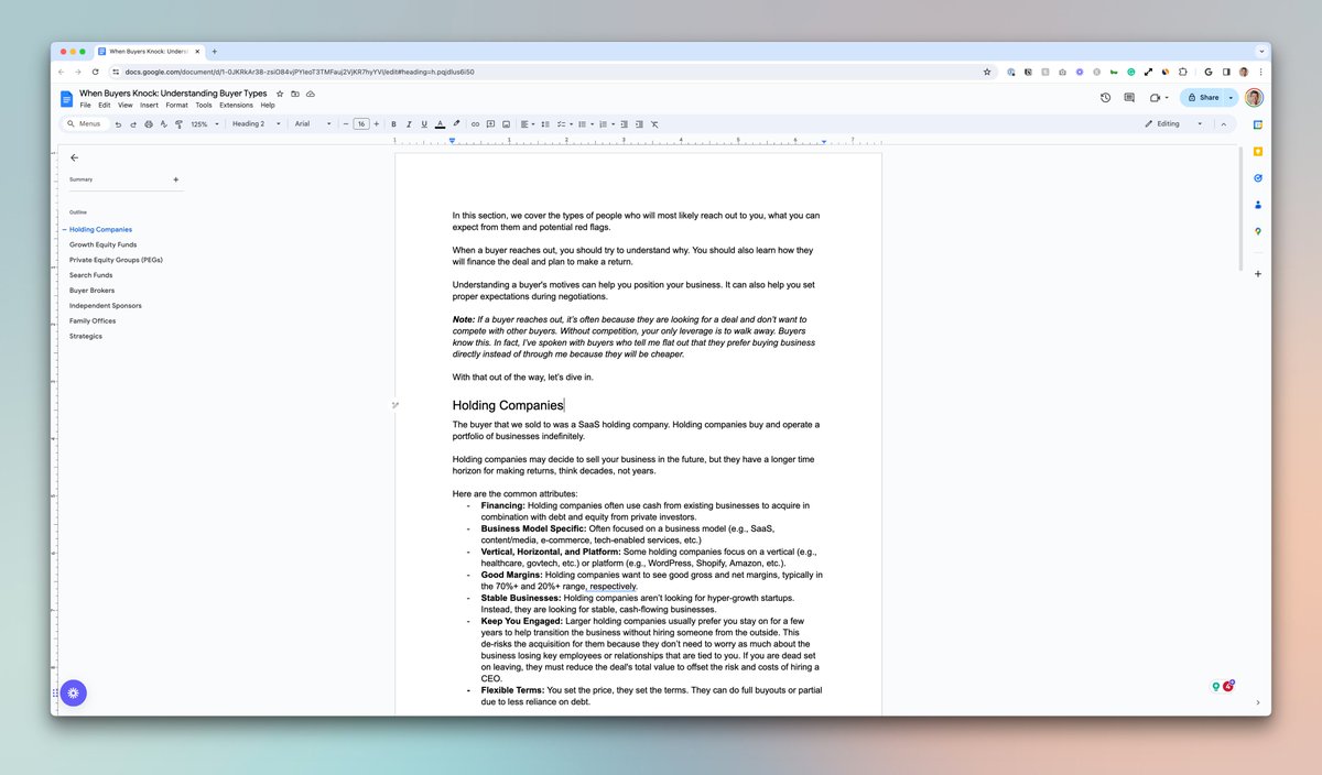 Working on a chapter about buyer types for "When Buyers Knock," a guide for entrepreneurs who are considering whether to sell or scale their business and how to maximize their exit.

Let me know if you'd like to be a beta reader, and I'll invite you to the doc.