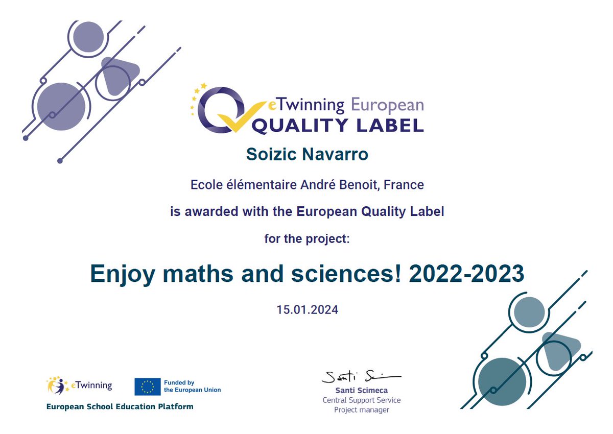 Après le label qualité national, notre projet vient d'obtenir le label qualité européen🇪🇺!
Bravo aux élèves français, estoniens, italiens et islandais impliqués dans le projet.
<a href="/eTwinningFrance/">eTwinning France</a>